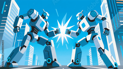 Illustration of Giant Robots Fighting in City Vector Design Template