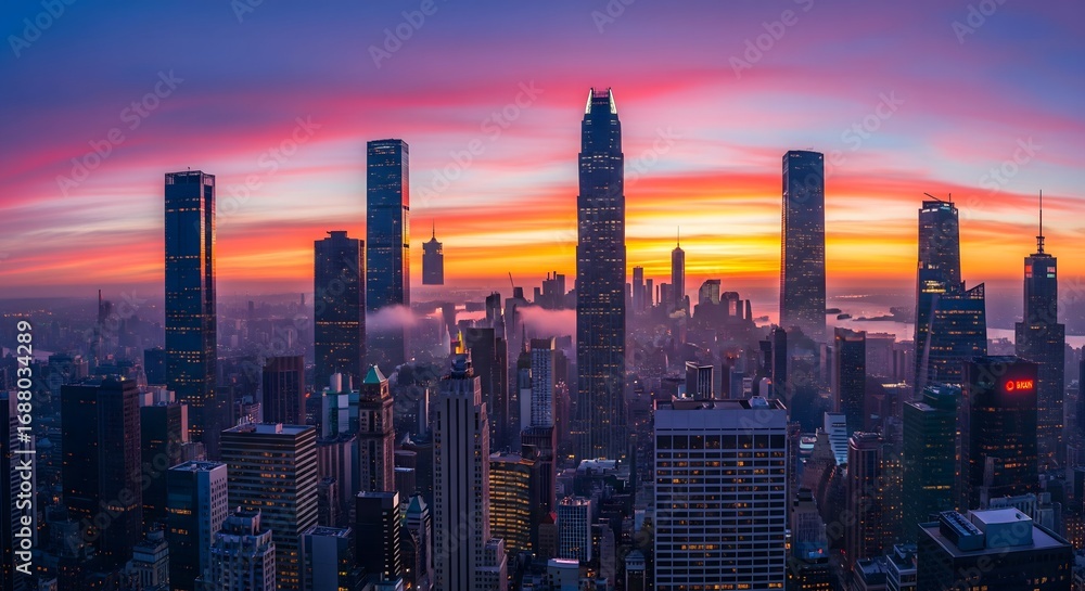 Obraz premium Stunning City Skyline at Sunset with Vibrant Colorful Sky