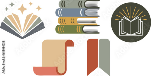 Colorful Book Stack with Opened Book, Bookmarks, and Light Rays Illustration on White Background