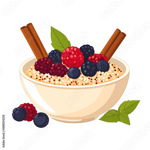 Pixel Art Illustration of Breakfast Cereal in Bowl with Cinnamon Sticks Berries and Mint Leaves Isolated on White Background