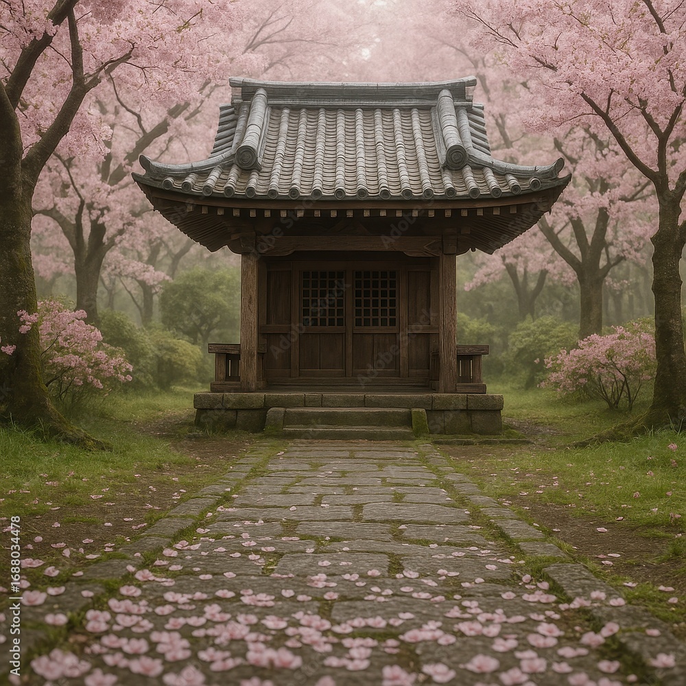 Obraz premium Historic Kyoto temple framed by cascading cherry blossoms and mossy stone lanterns at peak spring bloom gentle morning light and tranquil garden ambiance