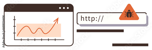 Line graph with upward trend beside a URL bar containing a bug alert. Ideal for business growth, cybersecurity, data analysis, risk management, online safety, viral trends, simple flat metaphor