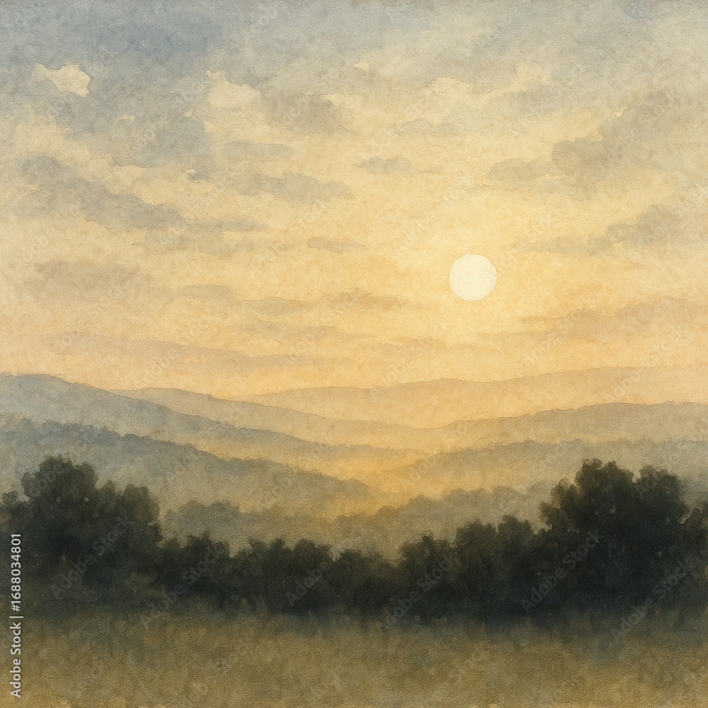 Obraz premium Painterly alpine landscape with layered blue mountains pine silhouettes and atmospheric watercolor textures conveying calm wonder and timeless nature artistry
