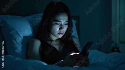 Young woman using a smartphone in bed at night before sleeping, illuminated by screen
