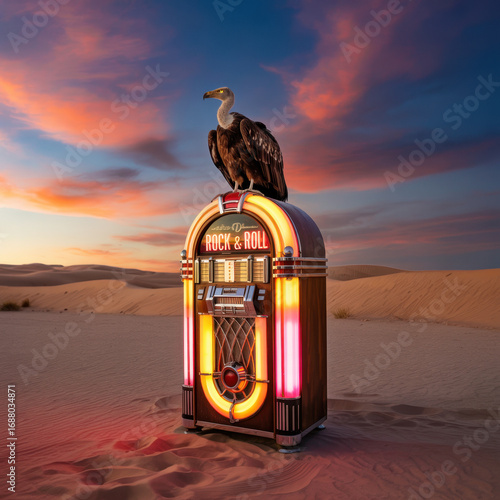 Vulture sitting on illuminated vintage jukebox in desert during vibrant sunset