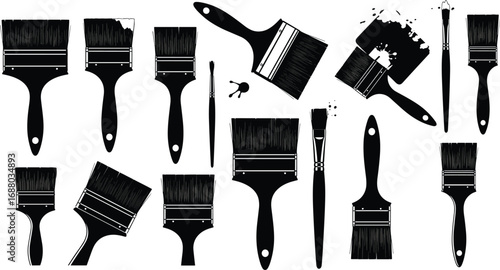 Vector illustration of various paintbrushes with different sizes and shapes, paint splashes, detailed brush strokes for creative art
