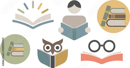 Colorful Education Icon Set Featuring Books, a Reader, and Owl with Glasses Detail