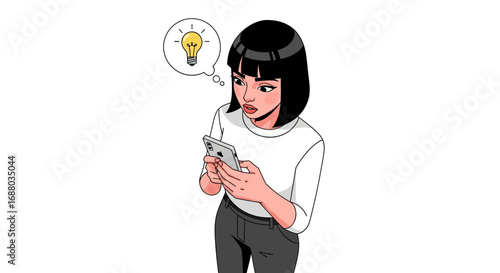 Young woman using smartphone, insightful idea sparks, digital inspiration.