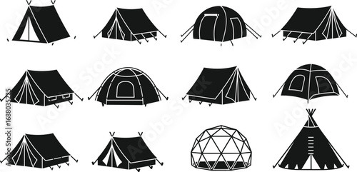 Vector set of camping tents icons including dome, teepee, geodesic, and classic tents for outdoor adventure and nature exploration