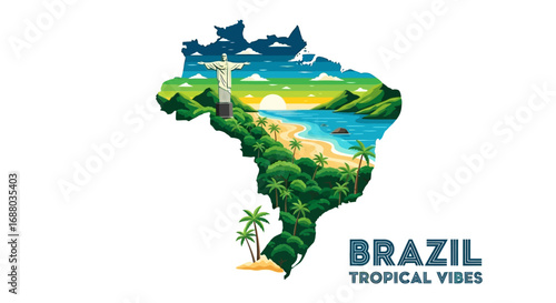 A stylized map of Brazil showcasing a vibrant tropical landscape with iconic landmarks.