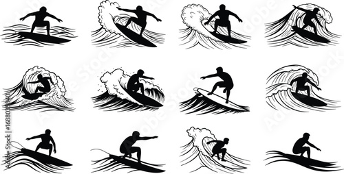 Vector silhouette illustrations of surfer riding ocean waves, extreme water sport activity, surfing adventure, ocean waves, beach sport, summer lifestyle