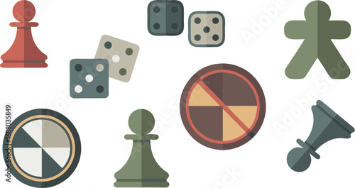 Colorful Game Pieces Chess Pawns, Dice, Meeples, and Themed Round Tiles Illustration