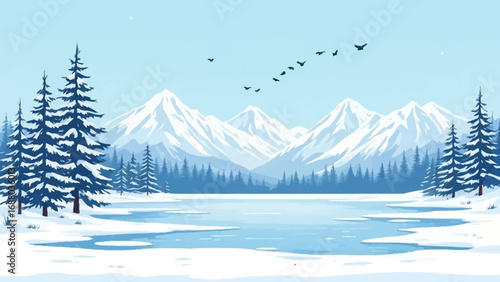Flat vector winter illustration featuring snow-covered mountains, pine trees, frozen ground, and birds flying in the cold sky