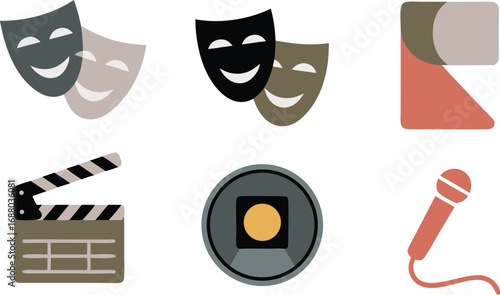 Colorful Icons Depicting Film, Theater, and Performance Arts; Masks, Microphone, Clapperboard and Stage