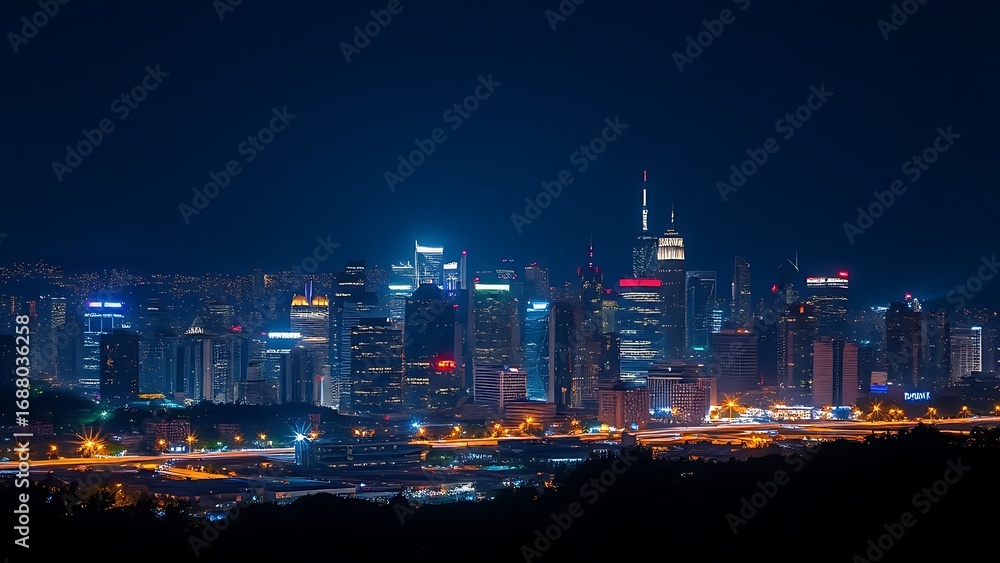 Fototapeta premium City skyline at night with sparkling lights, captured in deep blue tones with long exposure.