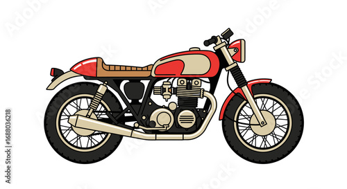 Side view of a red and beige custom motorcycle, outlined and colored.