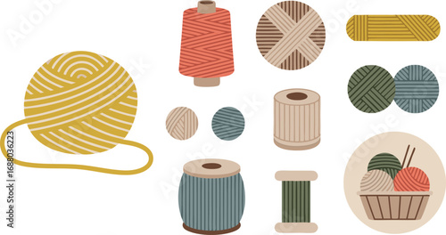 Colorful Illustration of Yarn Balls, Thread Spools, and Knitting Supplies for Crafts