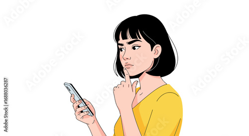A thoughtful woman holding a smartphone, contemplating information displayed on the screen.