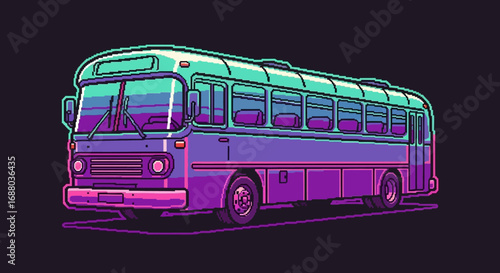 A stylized illustration of a vintage bus, rendered in vibrant purple and teal hues, on a dark background.