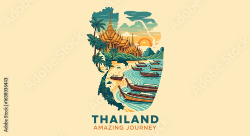 Stylized illustration showcasing a Thai landscape with temples, boats, and scenic elements.