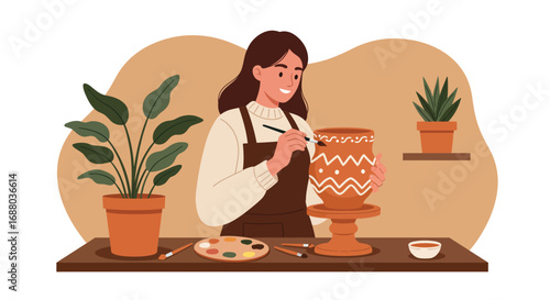 Artist Painting a Decorative Pot in a Creative Studio