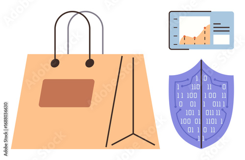 Shopping bag, data graph on tablet, digital shield with binary code combine online commerce, analytics, and cybersecurity. Ideal for e-commerce, security, analytics, finance shopping technology