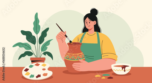 Artist Painting a Decorative Pot in a Creative Studio