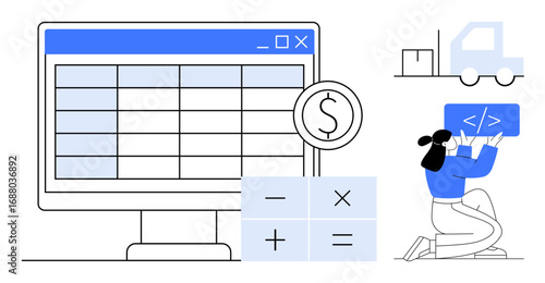 Wallpaper Mural Spreadsheet on desktop, symbols for calculation and finances, coding interface, logistics truck, person with tech card. Ideal for finance, logistics, coding, productivity analysis business tools Torontodigital.ca