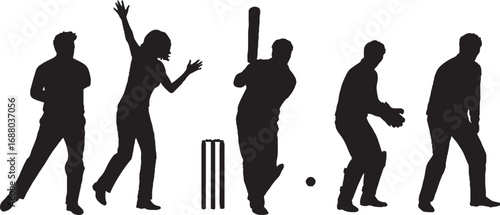 Dynamic Cricket Player Silhouettes Vector Set, Bowler, Batter, Wicketkeeper, Fielder with Ball and Stumps