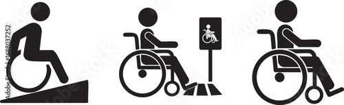 Wheelchair Accessibility Icon Set – 3 Minimal Silhouettes of Inclusive Mobility & Public Access