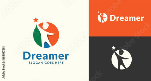 stylized kids figure reaching for a star within a circular emblem symbolizing aspiration.