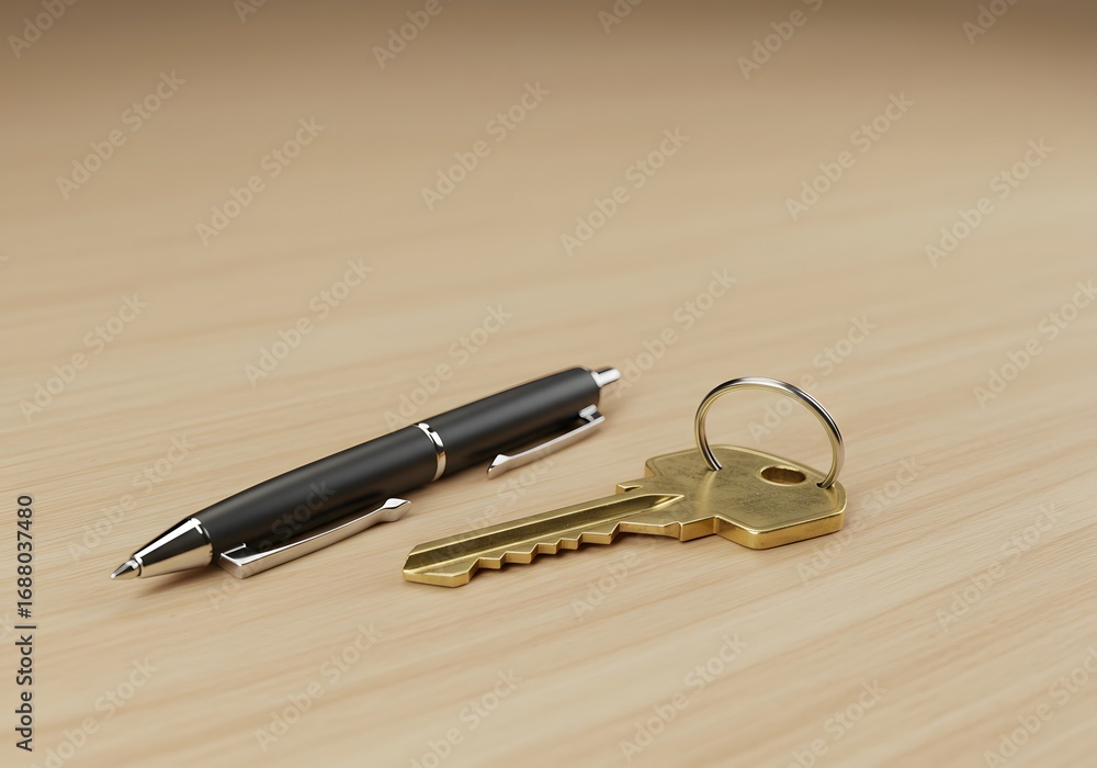 Fototapeta premium Secure your future and sign the deal with this essential pen and key set, symbolizing opportunity and success.