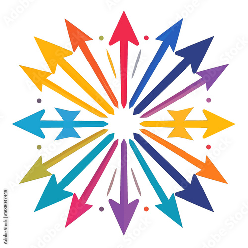 Directional Arrows Radiating From Center in Assorted Colors on White Background Indicating Movement in All Directions