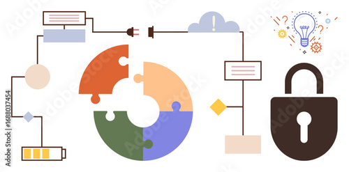 Puzzle chart connected to data flow lines, plug, battery, cloud, and lock, symbolizing energy, security, collaboration, problem-solving innovation connectivity and systems in a simple flat