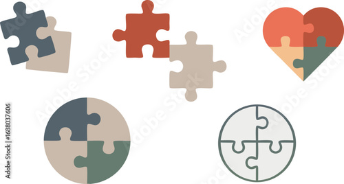 Colorful Puzzle Pieces Forming Circle and Heart Shapes on White Background, Connection Concept