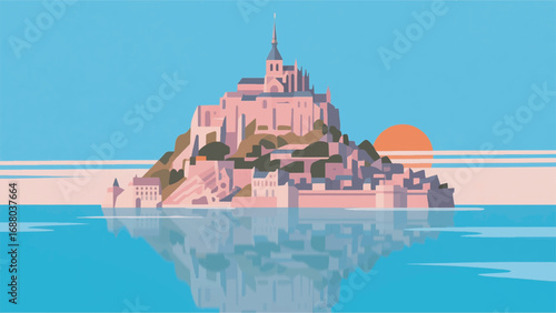 Illustration of Mont Saint Michel Island with a Monastery and Sea Vector Design Template