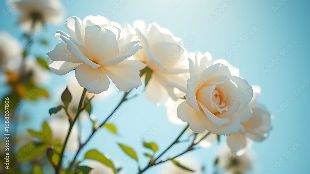 Obraz premium White roses blooming beautifully against a clear blue sky, bathed in bright sunlight with a soft background.
