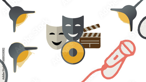 Colorful Theater Arts Icons Masks, Microphone, Clapper Board, Stage Lighting