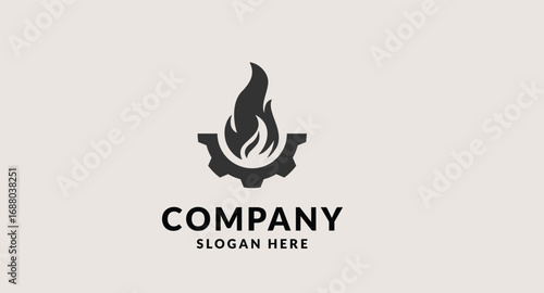 Stylized dark flame rising from a cogwheel gear logo design industrial energy concept.