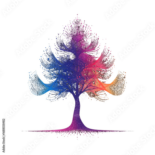 Abstract Tree Illustration with Gradient Color from Blue to Pink to Orange on White Background a Digital Art with a Whimsical and Organic Vibe Ideal for Creative