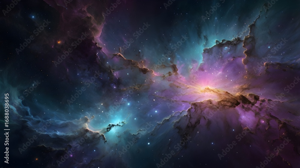 Fototapeta premium “Cinematic Cosmic Nebula with Vibrant Swirling Colors and Starry Depths”
