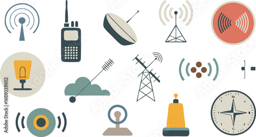 Communication Icons WalkieTalkie, Antennas, Satellite Dish, Compass, and Buoy on a White Background