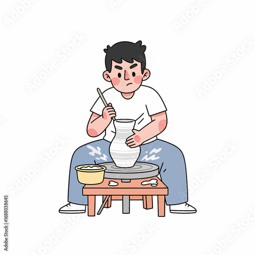 Illustration of a Young Man Doing Pottery