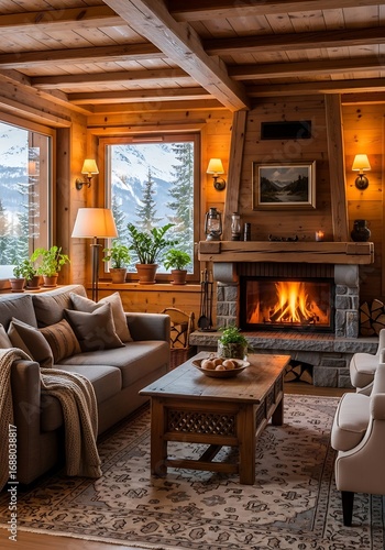 Inviting wooden cabin interior radiates warmth and coziness  featuring a fireplace and scenic mountain view providing