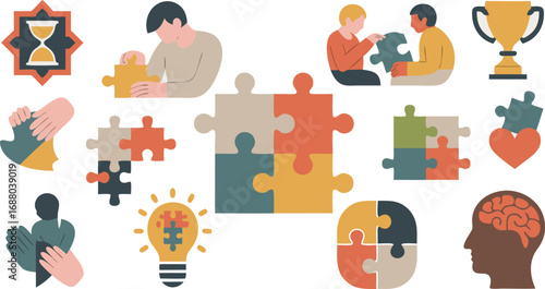 Creative Illustration Featuring People Assembling Jigsaw Puzzle Pieces, Representing Collaboration, Problem Solving, and Solutions