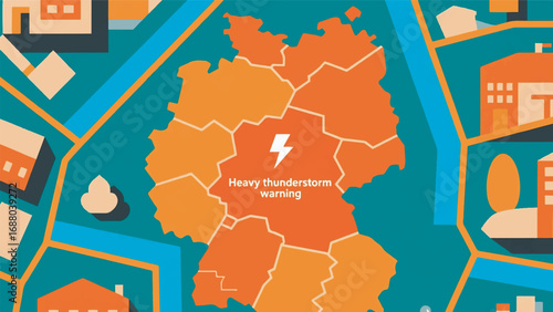 Illustration of German Map with Heavy Thunderstorm Warning Zone Vector Design Template