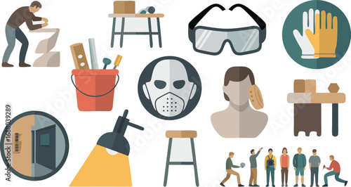 Creative Workspaces Sculpting, Woodworking Tools, Art Supplies, and Groups of People in Flat Illustrations