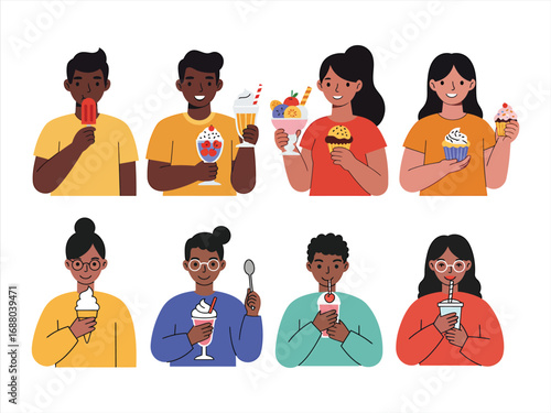 Set of happy people eating delicious dessert at cafe