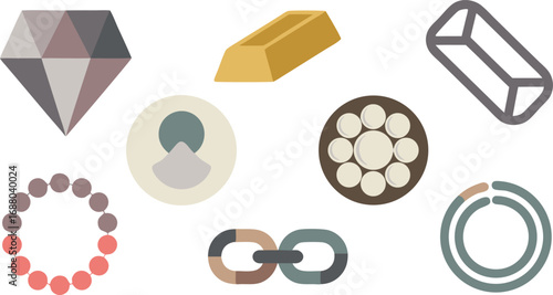 Depiction of Diamond, Gold Bar, Silver Ingot, Bead Bracelet, and Other Jewelry Items
