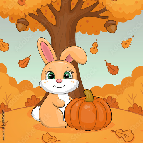 A cute cartoon Rabbit with pumpking in nature. Autumn vector illustration of animal on orange background with big tree and leaves.